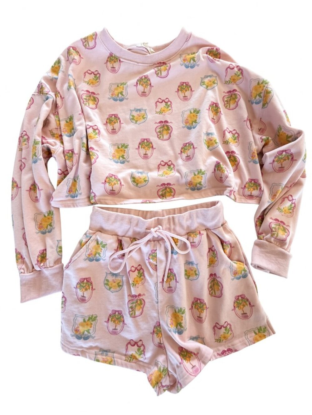 Peach Love CA Pink Lemon Citrus Frame Print Crop Sweatshirt & Shorts Set Size S